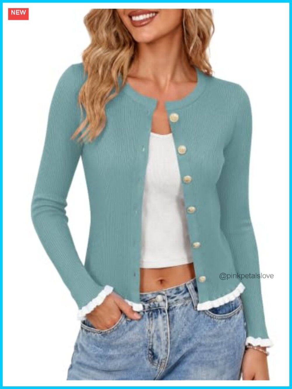 Ruffle Cardigan Sweater Women Lightweight Long Sleeve Round Neck Gold-tone